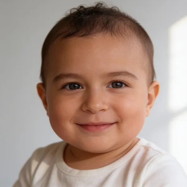 Result from the AI baby generator: a smiling infant with dark curly hair and brown eyes in a cream cotton top
