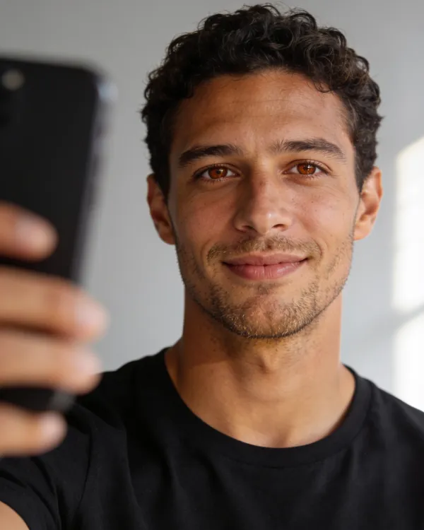 Second parent: an AI-generated selfie of a man with short dark curly hair, stubble and brown eyes
