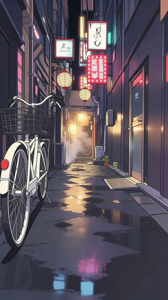 Edited with AI image to image into an anime illustration of the same alley, bicycle and lanterns
