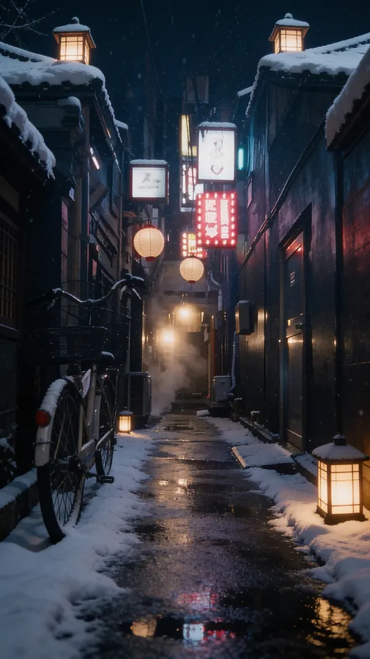 Edited with AI image to image into the same alley in winter, with snow on the ground and roofs