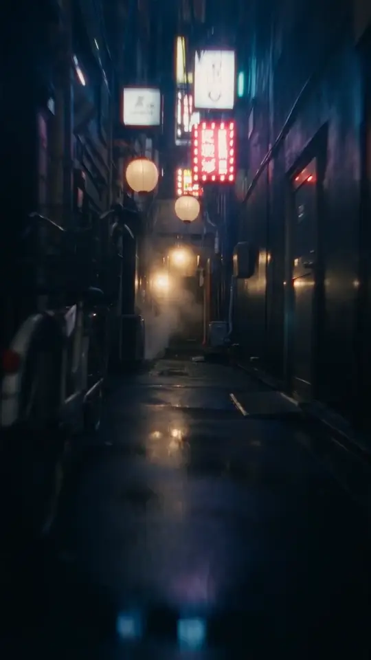 The original: a rain-lit alley at night with a parked bicycle, paper lanterns and glowing signs