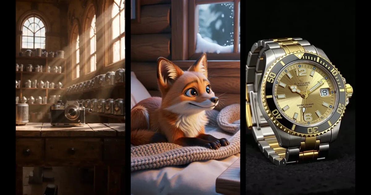 Frames from three AI video clips: a film archive on LTX-2.5 Pro, a cartoon fox on Kling O3 Pro and a dive watch on Seedance 1.0 Pro