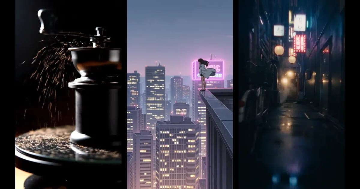 Frames from three AI video clips: a coffee grinder on Veo 3.1, an anime rooftop on Kling v3 Pro and a rainy neon alley on Seedance 2.5