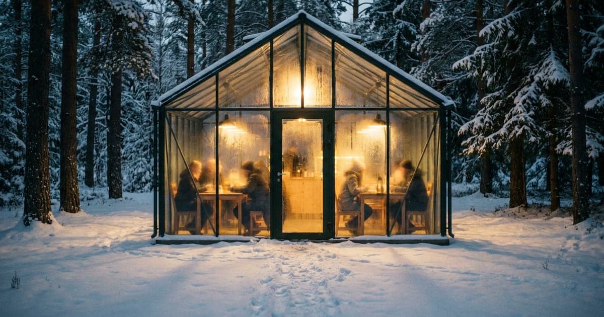A glass greenhouse café glowing in a snowy forest at dusk, an image made with Nano Banana Pro