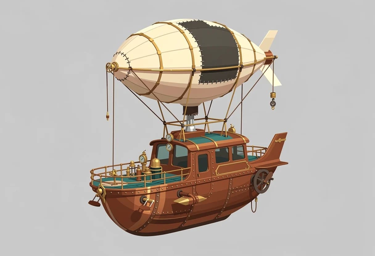 AI prop concept art of a copper steampunk airship gondola under a patched balloon
