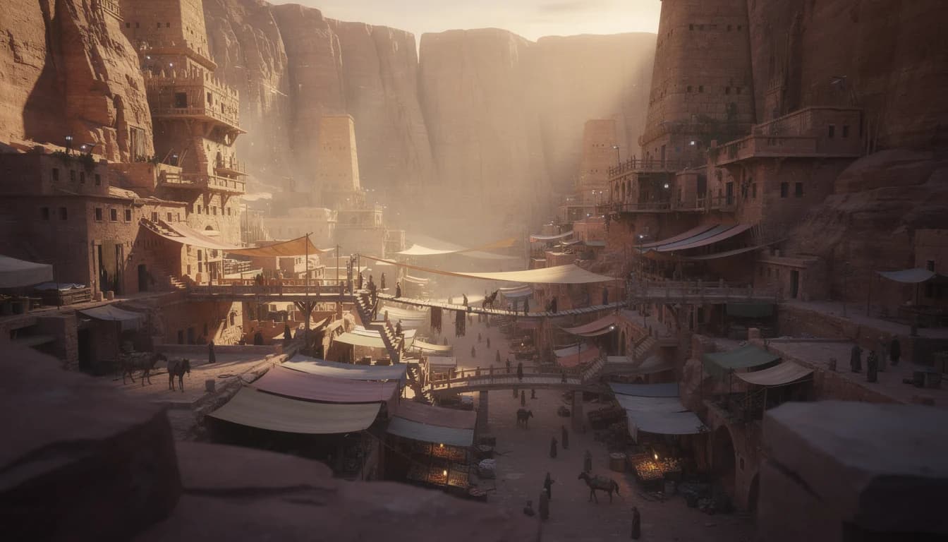 AI environment concept art of a desert city carved into canyon walls at golden hour