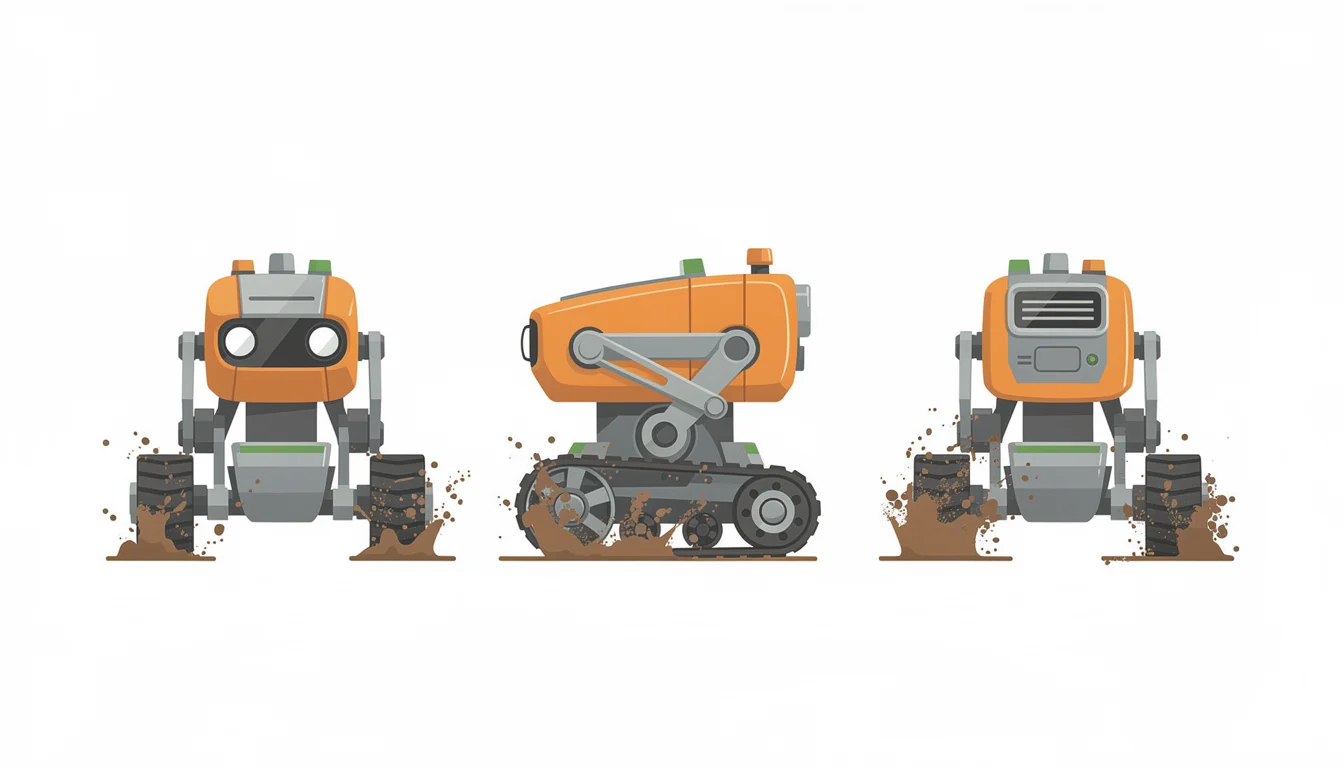 AI turnaround sheet of a small orange farming robot from the front, side and back