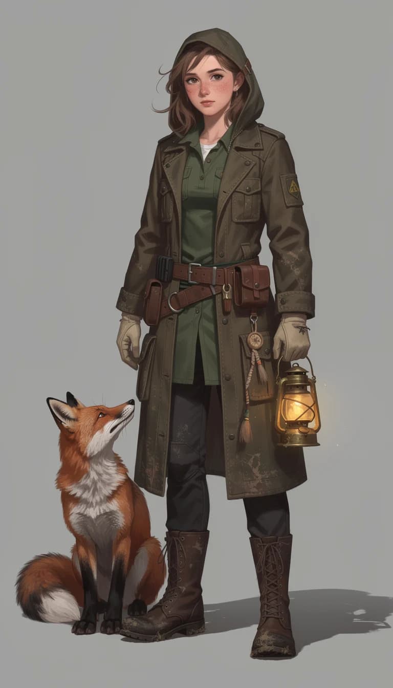 AI character concept art of a forest ranger in a canvas coat with a fox companion