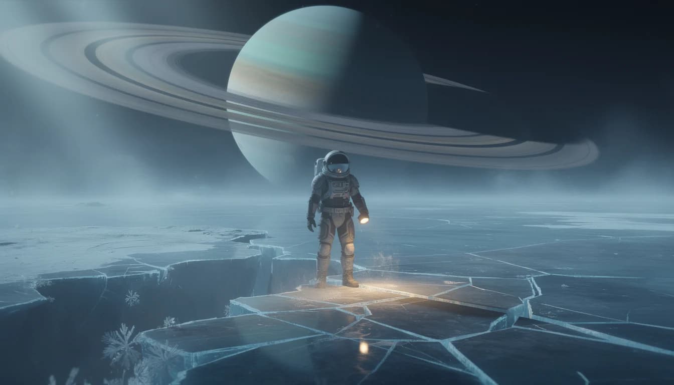 AI sci-fi keyframe concept art of an astronaut by a frozen lake under a ringed planet