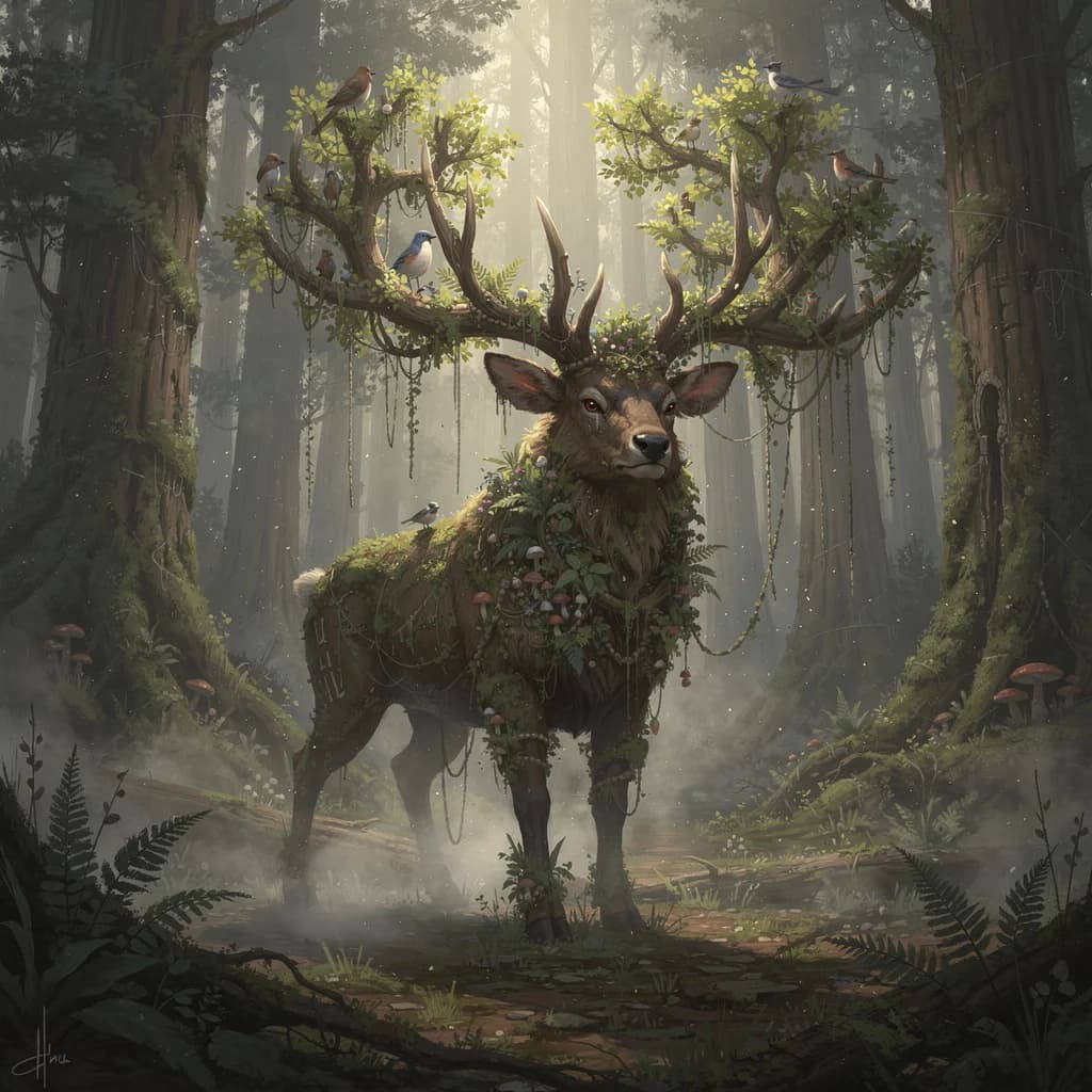 AI creature concept art of a giant moss-covered stag with tree-canopy antlers in mist