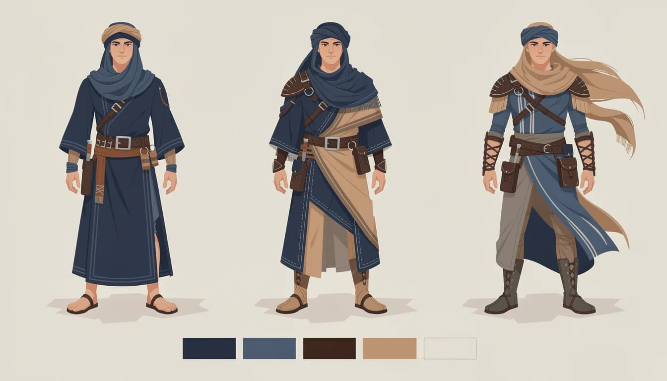 AI costume concept art showing three indigo desert-nomad outfit variations side by side
