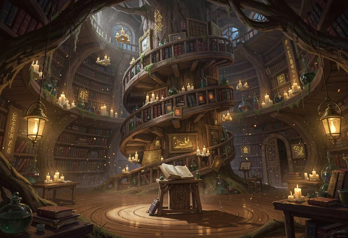 AI interior concept art of a candlelit library spiralling up inside a hollow tree