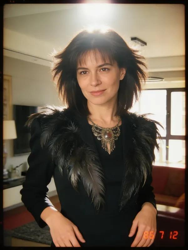 After: the same woman in a 1985 snapshot made by the 80s AI photo generator, standing in a 1980s living room with big feathered hair, a black feathered top, a statement necklace, film grain and an orange 85 7 12 date stamp