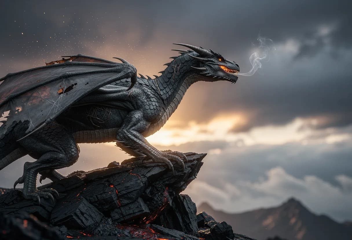 A dragon on a volcanic ridge at dusk, jaws closed, smoke curling from its nostrils