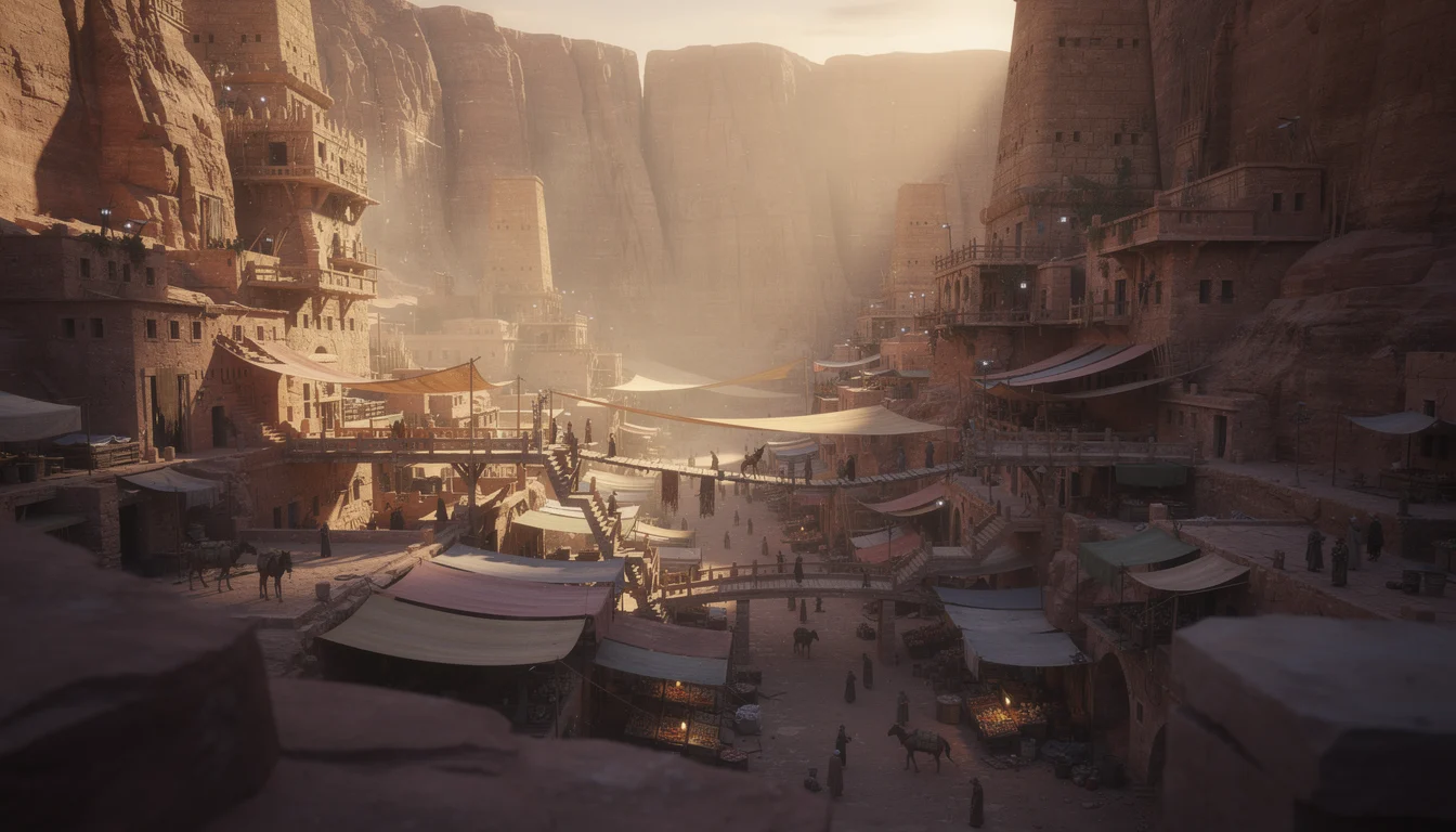 AI environment concept art of a desert city carved into canyon walls at golden hour
