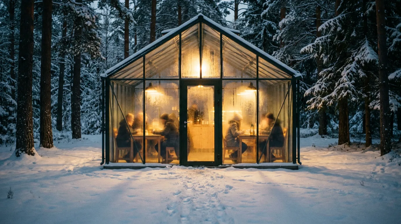 A glass greenhouse café glowing in a snowy pine forest at dusk, rendered by Nano Banana Pro