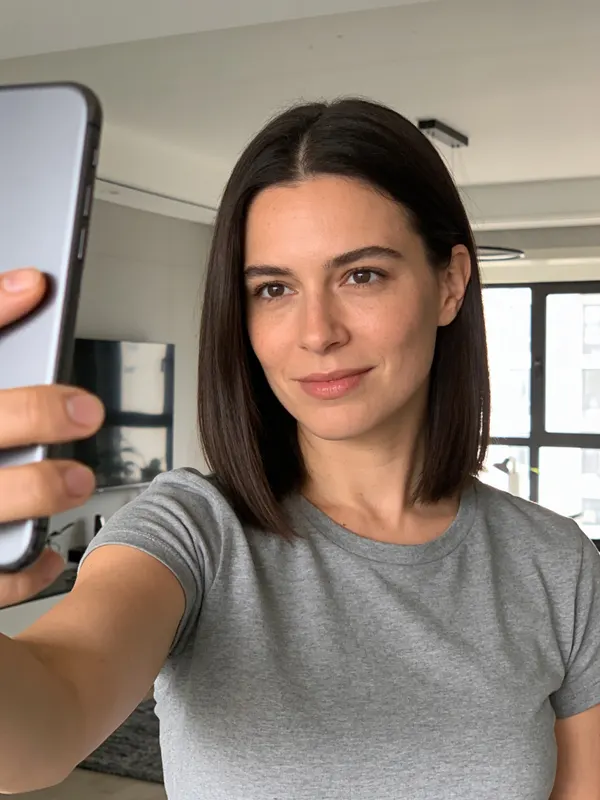 Before: a modern selfie of a woman with straight dark hair, taken on a phone